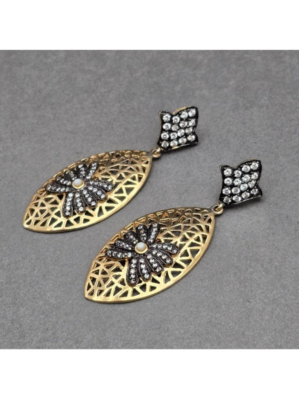 Esha Gold Plated Rhinestone Filigree Dangle Earrings 2.25" Designer Modern Post - Picture 8 of 11